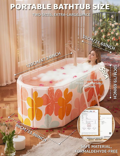 Portable Bathtub Ice Bath Tub - Foldable Collapsible Bathtub for Adult Shower Bathroom Hot SPA Soaking Cold Plunge Tub Freestanding Bathtub 47"Lx22"Wx20"H Pink