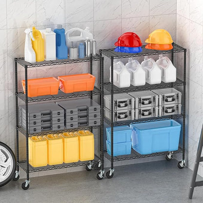 Storage Wire Shelving with Wheels 4-Tier Heavy Duty Garage Shelves Unit Metal Rolling Adjustable Organizer Rack Steel Wire Industrial Shelving for Kitchen Garage Pantry Office Bathroom