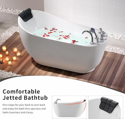 Empava 59 Inch Acrylic Freestanding Whirlpool Tub, Hydromassage Gracefully Oval Shaped Whirlpool 7 Water Jets Soaking SPA, Lumbar and Neck Support, Black Pillow, ETL Certified, White