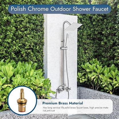 Wall Mount Outdoor Shower Kit Polish Chrome 6" Square Rainfall Shower Head with Hand Held Spray Double Cross Handles with Adjustable Slide Bar Exposed 2 Function Shower Faucet Fixture