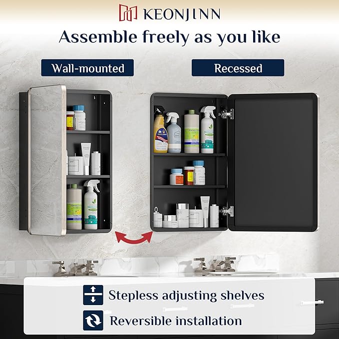 Keonjinn 24 x 32 Inch Brushed Nickel Mirrored Medicine Cabinet, Recessed Medicine Cabinets for Bathroom, Silver Stainless Steel Framed, Adjustable Shelves, in Wall or Surface Mount, Modern Style