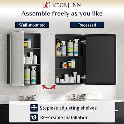 Keonjinn 24 x 32 Inch Brushed Nickel Mirrored Medicine Cabinet, Recessed Medicine Cabinets for Bathroom, Silver Stainless Steel Framed, Adjustable Shelves, in Wall or Surface Mount, Modern Style