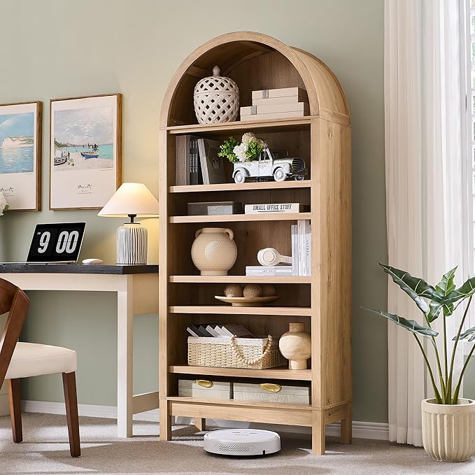 71" Tall Arched Bathroom Storage Cabinet, 7-Tier Modern Farmhouse Storage Cabinet with Adjustable Shelves, Wood Freestanding Cabinet for Bathroom, Living Room, Entryway, Hallway (Natural)