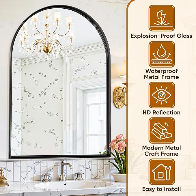 Arched Mirror 22"x30",Bathroom Mirror, Wall Mounted Vanity Mirror with Arch Metal Frame for Bathroom, Over Sink, Bedroom, Living Room, Deep Frame, Black