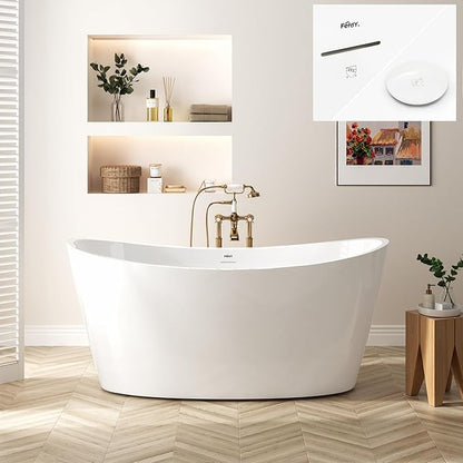 FerdY Naha Elite 59" Acrylic Freestanding Bathtub, Curve Edge Freestanding Soaking Bathtub, Glossy White, cUPC Certified, Polished White Drain & Minimalist Linear Design Overflow Included