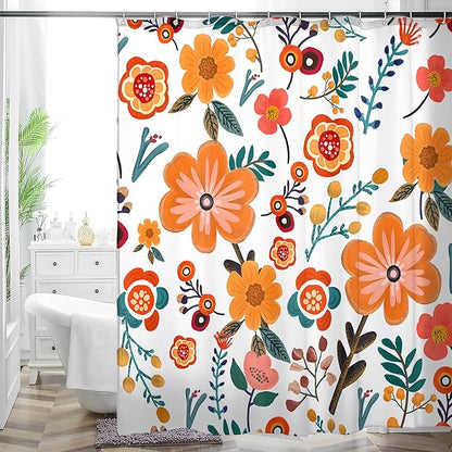 Bohemian Shower Curtain, Boho Floral Print Water Repellent Polyester Fabric for Bathroom Decor, 72×72 Inch Standard Size with 12 Hooks, Also as Room Divider