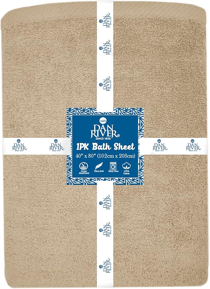 DAN RIVER Pack of 1 Bath Sheet 40x80 Inches, Big Towels Oversized Extra Large Bath Towel, Absorbent Organic Cotton Towel - Tan