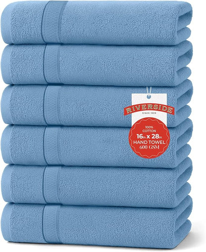 RIVERSIDE 6 Pack Premium Hand Towels Set, 16x28 inches, 100% Ring Spun Cotton, 600 GSM, Soft, Quick Dry and Highly Absorbent, Towels for Bathroom, Kitchen, Gym, Spa - M-Blue