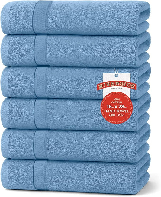 RIVERSIDE 6 Pack Premium Hand Towels Set, 16x28 inches, 100% Ring Spun Cotton, 600 GSM, Soft, Quick Dry and Highly Absorbent, Towels for Bathroom, Kitchen, Gym, Spa - M-Blue