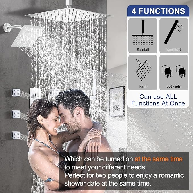 Thermostatic Shower System Dual Shower Heads with 16" Ceiling Mounted Rain Shower Head & 6" Wall Mounted Head 4 Function Full Body Shower System with body jets Can All Run Together, Chrome