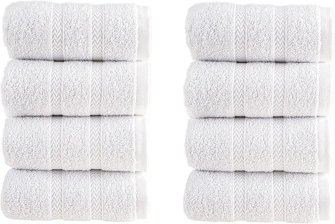 HALLEY Turkish 8 Pack Premium Washcloths (8 Pieces) 650 GSM Highly Absorbent Super Soft 100% Cotton - 8 Washcloths (White)
