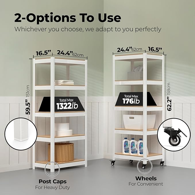 HOMEDANT House 5-Tier Metal Rolling Cart Shelf Rack Casters Heavy Duty Laminated Wheel Shelving Unit Adjustable Utility Storage Shelves Organizer Shelf Kitchen Garage (3, (S) 24.4" W, White)