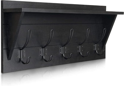 Wall Mounted Coat Rack Shelf, Rustic Wooden Country Style 24" Entryway Shelf with 5 Rustic Hooks featuring Solid Pine Wood. Perfect touch for your Entryway, Mudroom, Kitchen, Bathroom and More, Black