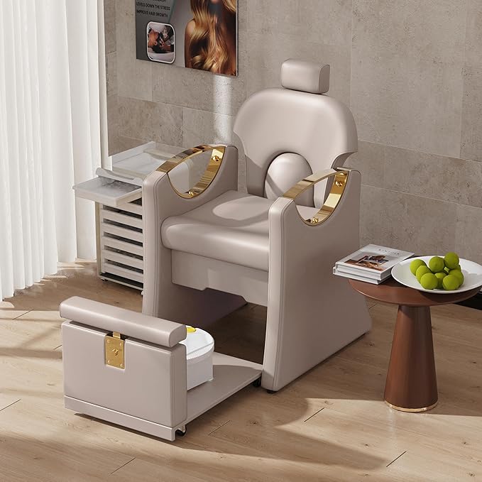 Pedicure Station for Nail Tech, Reclining Pedicure Chair with Massage Foot Bath, No Plumbing Pedicure Station Unit (Grey)