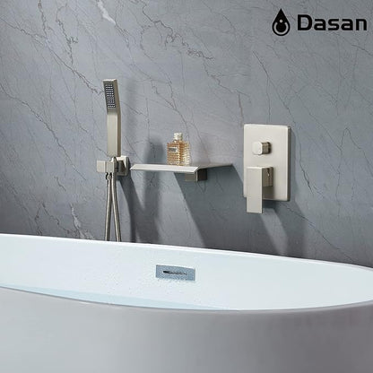 Upgraded Wall Mount Tub Filler Faucet with Handheld Shower, DASAN Modern Wall Mounted Bathtub Faucet Brushed Nickel High Flow Waterfall Tub Faucet with Rough in Valve, SA-TF04WH-BN