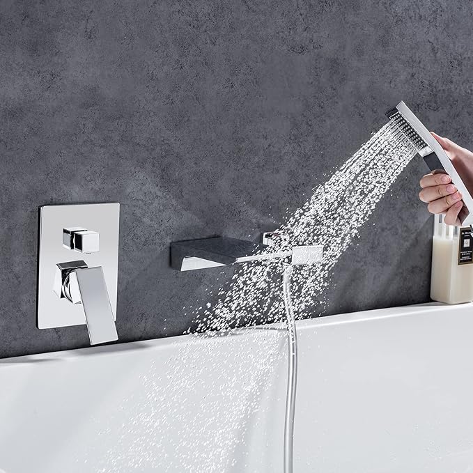 Wall Mount Waterfall Tub Faucet Single Handle Bathroom Bathtub Faucet Waterfall Roman Tub Filler Faucet Wall Mount Bathtub Faucets with Hand Shower, Chrome