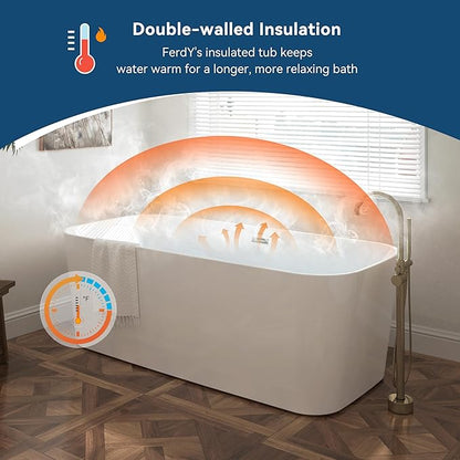 FerdY Maui 67" Freestanding Bathtub Elegant Freestanding Soaking Bathtub, Glossy White, cUPC Certified, Toe-Tap Chrome Drain & Overflow Assembly Included, 02563
