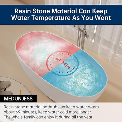 59'' Stone Resin Freestanding Bathtub, Bathroom Solid Surface Tub Bathtubs soaker Tubs Oval Shaped Matte Luxury Modern Soaking Tub with Overflow and Pop-up Drain - White
