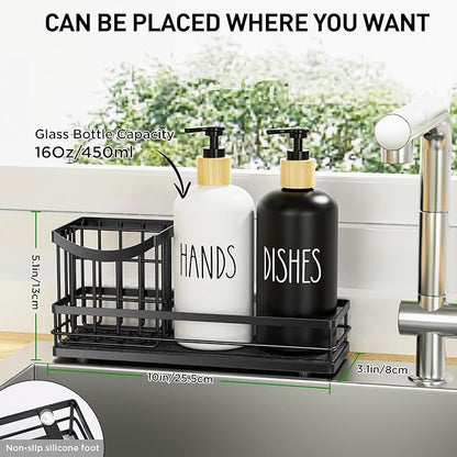 Moforoco Kitchen Dish Soap Dispenser Set, 16OZ Glass Bottle, Hand and Dish Soap Dispenser Set, Instant Dry Tray, Non-Slip Silicone Pad, Brush Holder with Sponge Holder, Kitchen Decor
