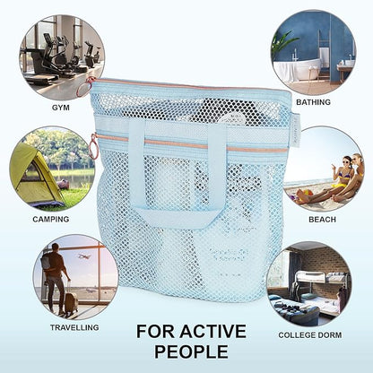 Mesh Shower Bag 10.2x9.9'' Quick-Dry Caddy with Zipper & 2 Pockets. Portable Toiletry Tote for Bathroom, Gym, Travel, Camp, Beach, for Sunscreen, Dorm & College Essentials (Blue)