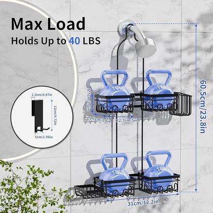 Shower Caddy Hanging with Door Hook - Split Design for Handheld Showerheads, Rustproof Over The Showerheads Bathroom Organizer with Hooks Soap and Toothbrush Holder, Bathroom Accessories Black