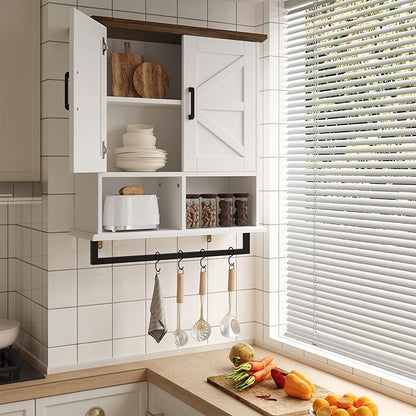 Farmhouse Bathroom Wall Cabinet with Adjustable Shelves & Towel Racks, White Wall Mounted Medicine Cabinet, Over The Toilet Storage Cabinet for Bathroom, Kitchen, Laundry Room