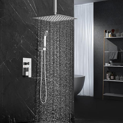 SR SUN RISE 16 Inches Polished Chrome Shower Faucet System Bathroom Luxury Rain Mixer Shower Faucet Set Ceiling Mounted Rainfall Shower Head Set (Contain Shower Faucet Rough-In Valve Body and Trim)