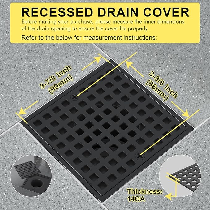 3-7/8" Matte Black Shower Drain Cover - Square Floor Drain Cover Replacement - Hair Catcher/Drain Strainer for Bathrooms, Showers, and Sinks - SUS304 Stainless Steel & CUPC Certified