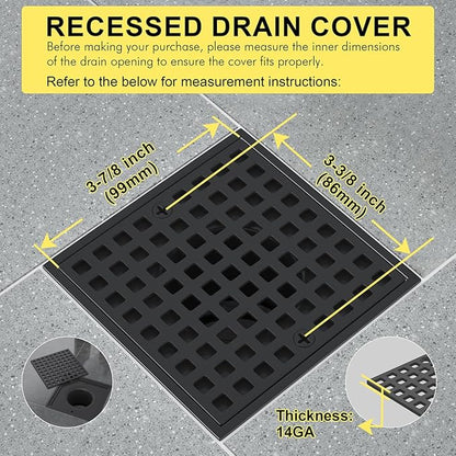 3-7/8" Matte Black Shower Drain Cover - Square Floor Drain Cover Replacement - Hair Catcher/Drain Strainer for Bathrooms, Showers, and Sinks - SUS304 Stainless Steel & CUPC Certified