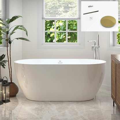 FerdY 59" Bali Acrylic Freestanding Bathtub, Gracefully Shaped Freestanding Soaking Bathtub, cUPC Certified, Toe-Tap Polished Gold Drain and Minimalist Linear Design Overflow Included