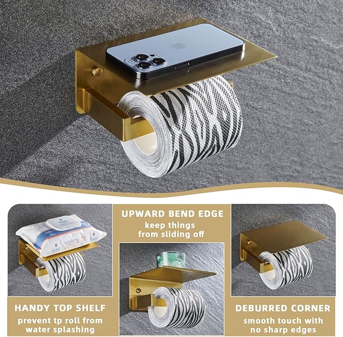 Angle Simple Toilet Paper Holder with Shelf, 304 Stainless Steel Bathroom Tissue Roll Holder for Wall, Brassy Gold