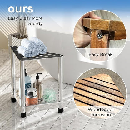 Stainless Steel Shower Stool for Inside Shower, 15.4'' H Shower Foot Rest, Corner Shower Stool with Storage Shelf, Shower Step for Shaving Legs, Bathroom Corner Shower Bench, Silver