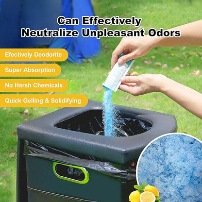 Super Absorbent Polymer 30 Packs,Portable & Fast-Absorbing Camp Toilet Chemicals Gel with 5 Gallon Bucket Toilet Luggable Drawstring Bag, Emergency Toilet Bag&Potty Gel