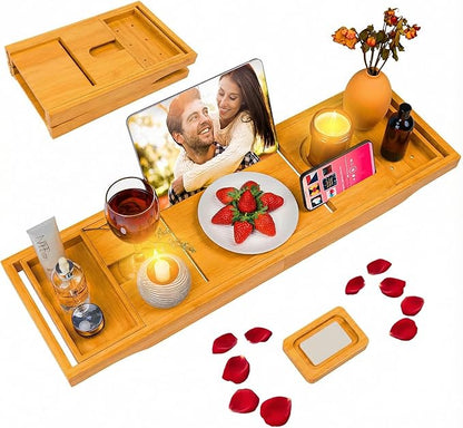 Foldable Bathtub Caddy Tray, Bamboo Bath Tub Tray Table for Tub with Wine Glass Holder Book Phone Tablet Holder with Extending Sides, Adjustable Bathroom Bathtub Free Soap Holder Gift Idea (Beige)