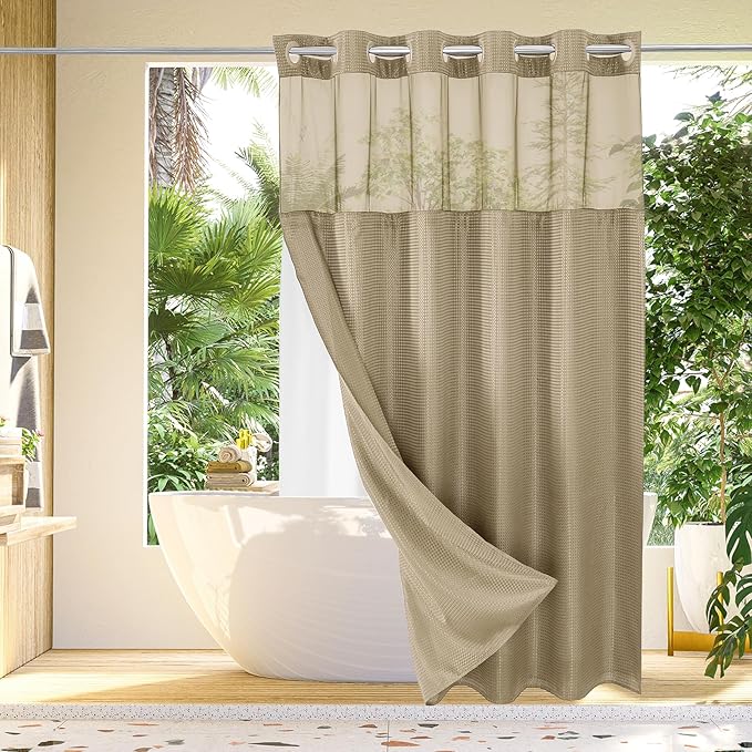 Gibelle Extra Long Shower Curtain 72x86, Waffle Weave Bathroom Shower Curtain with Snap-in Fabric Liner Set, No Hooks Needed, Hotel Style with Mesh Top Window, Beige
