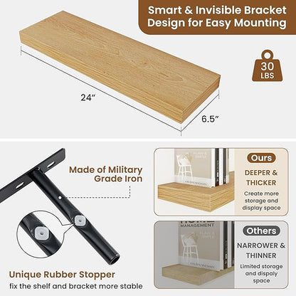 fuqing Floating Shelves for Wall, Wall Mounted Wood Floating Shelf with Invisible Brackets for Living Room, Bathroom, Bedroom, Kitchen Storage and Decor, 24 Inch Set of 2, Oak