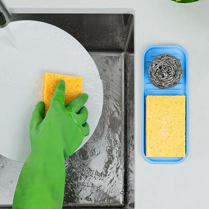 Zulay Kitchen (9x3.5) Silicone Sponge Holder for Kitchen Sink - Flexible Multipurpose Kitchen Soap Tray Sponge Holder - Sink Organizer Tray for Kitchen, Bathroom, Makeup, Trinkets & More (Blue)