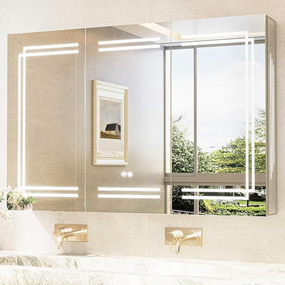 TokeShimi 48 x 32 Lighted Bathroom Medicine Cabinet with Mirror Tempered, 3 Color LED Mirror with Storage with Stepless Dimming, CRI 80+ Anti-Fog, Memory Funtion, Wall Mirrored Medicine Cabinet