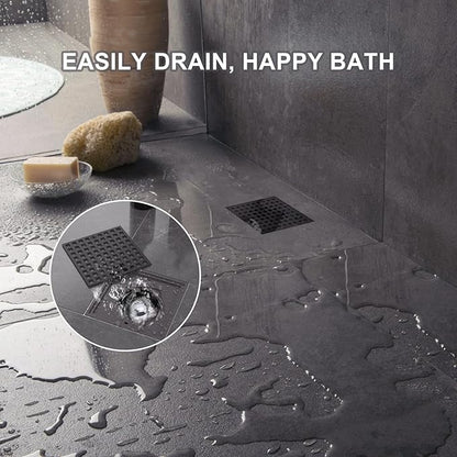 4 Inch Square Shower Floor Drain, Matte Black 304 Stainless Steel Shower Floor Drain Kit with ABS Flange for 2" or 3" Pipe, Removable Grid Cover Hair Strainer Catcher,CUPC Certified