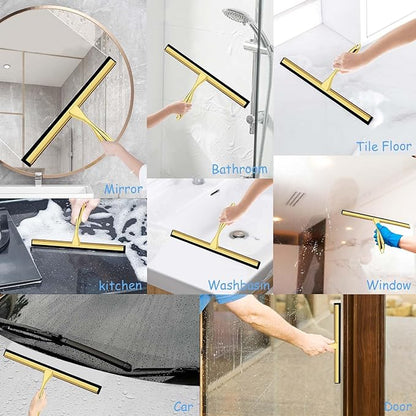 Shower Squeegee for Glass Doors, 12 Inches Bathroom Squeegee with Spare Silicone Blade, Shower Door Hook and Adhesive Hook, Stainless Steel Bathroom Squeegee for Mirror Window (12in-Gold-1 Pack)