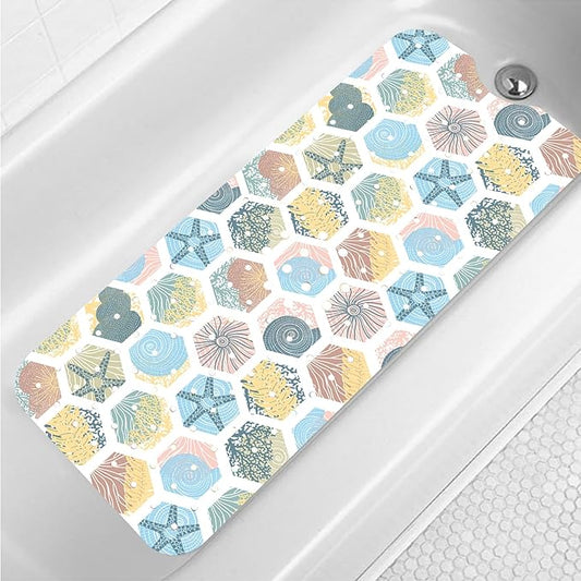Starfish Bathtub Mat Non Slip for Kids 40x16in Extra Long Anti Slip Geometry Bath Mat for Tub Abstract Bath Shower Mat with Large Drain Holes and Suction Cups Quality Honeycomb Design Bathroom Decor