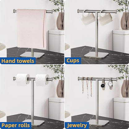 RUACQ T-Shape Hand Towel Holder Stand, Weighted Base Towel Rack, Countertop Towel Holder for Bathroom, 304 Stainless Steel, Heavy Duty (Brushed Nickel)