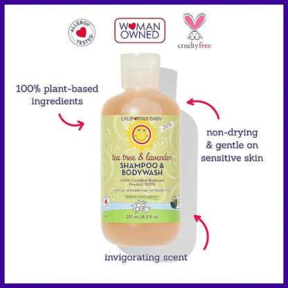 California Baby Tea Tree & Lavender Baby Wash + Baby Shampoo | 100% Plant-Based | Tea Tree Shampoo For Sensitive Skin | Hypoallergenic | 251mL / 8.5oz