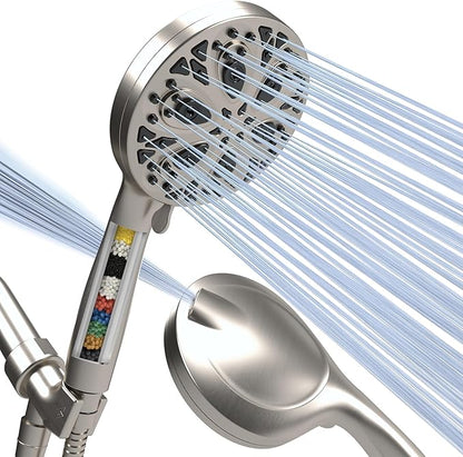 SparkPod 10-Mode Handheld Shower Head with Filter - 5" High Pressure Filtered Shower Head with Touch-to-Clean Nozzles, Built-In Power Jet, Stainless Steel 6ft Hose & Bracket (Brushed Nickel)