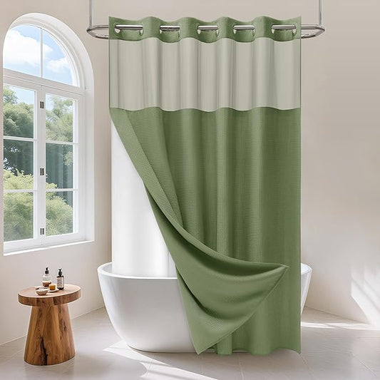 No Hook Waffle Weave Shower Curtain Set with Snap-in Fabric Liner and Mesh Top Window,256GSM Heavy Duty Fabric,Green Washable Luxury Shower Curtain for Bathroom Stalls (72x75 Inch)