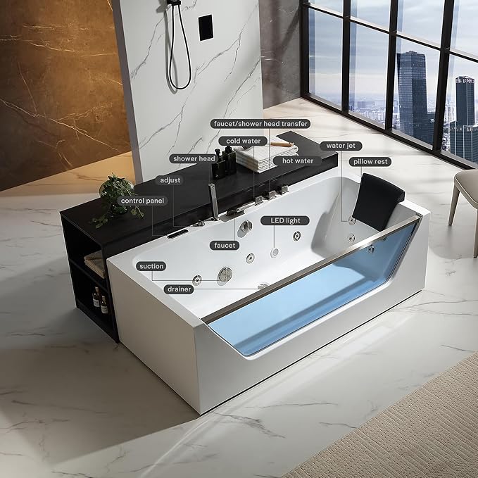 Empava Acrylic Whirlpool Bathtub, 71-Inch Jetted Bathtub with Heater, 10 Jets Hydromassage with Chromatherapy, 3-Side Apron with LED Control Panel, Waterfall, Brushed Nickel Hardware and Nozzle