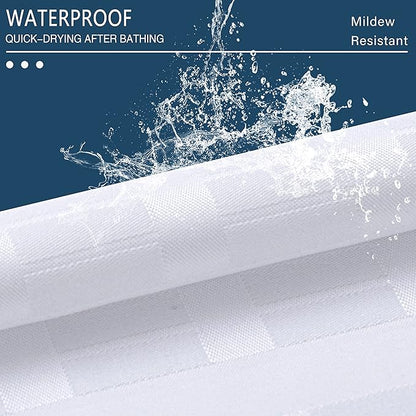 Conbo Mio Extra Long No Hook Shower Curtain with Snap in Liner Set, Hotel Luxury White Fabric Shower Curtains for Bathroom with See Through Top Window, Washable, Waterproof 71W x 84H