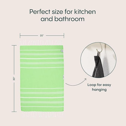 WETCAT Turkish Hand Towels with Hanging Loop, Set of 2 (20" x 30") 100% Turkish Cotton, Pre-Washed, Quick Drying, for Kitchen or Bathroom - Lime Green
