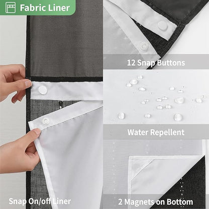 Boho Farmhouse No Hook Shower Curtain Set with Snap-in Fabric Liner,Heavy-Duty Linen Textured Rustic Striped Design,Water-Repellent with Tassels and Sheer Window,Black,71x74