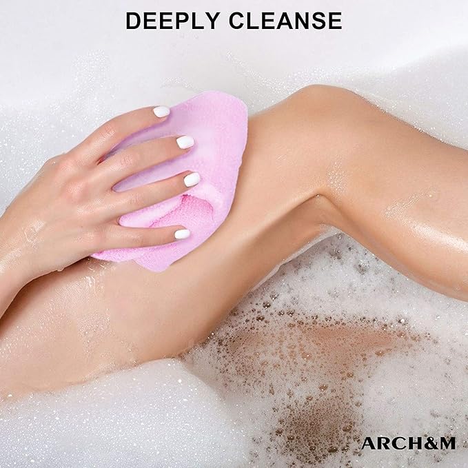 ARCH&M Exfoliating Washcloth (3 Pack), Japanese Body Scrubber for Shower, Long Nylon Towel for Back, Korean Exfoliation for Glowing Skin (Gray Black Off-White)